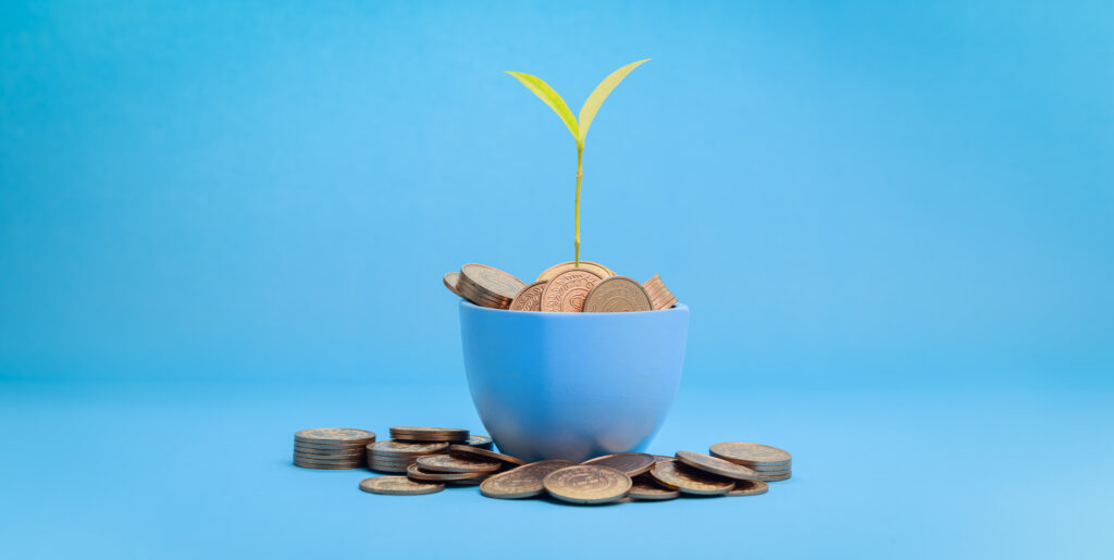 A pot of coins with a sapling growing out to represent the return on investment of HR compliance for small businesses